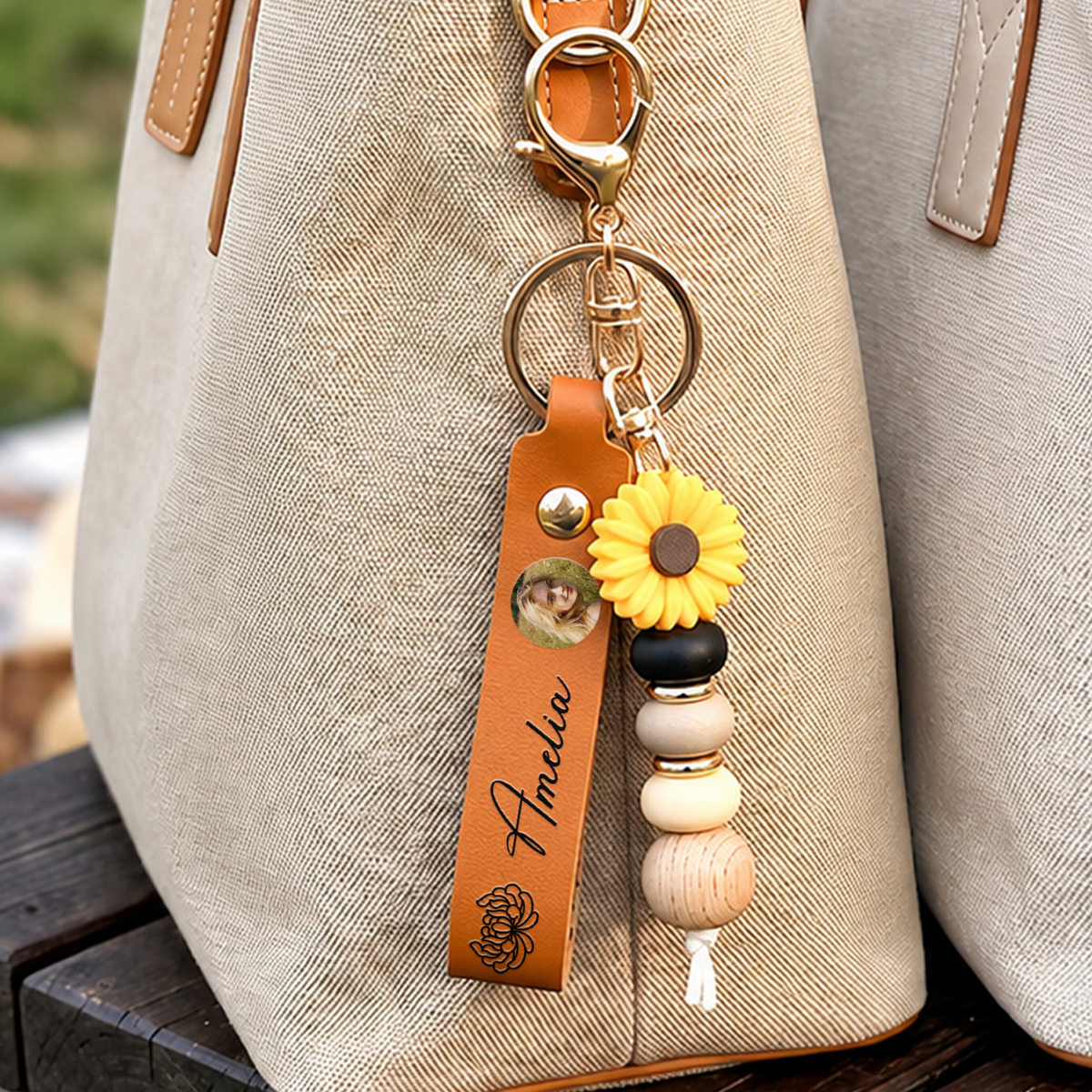 Personalized Custom Photo And Name Floral Beaded Keyring TH10 170805
