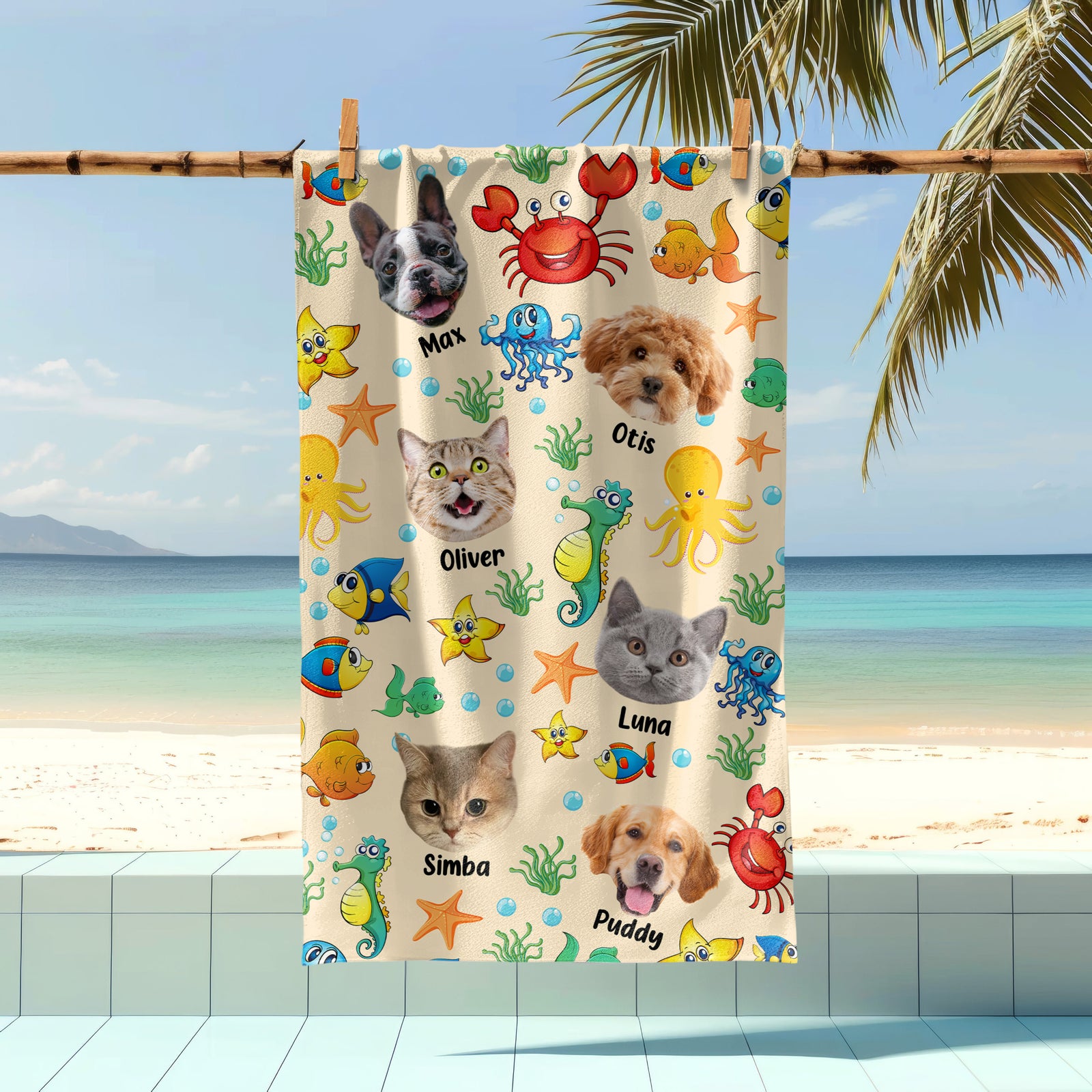 Custom Photo Cute Pet Face Watercolor Sea Creatures Summery Beach Towels CH07 896040