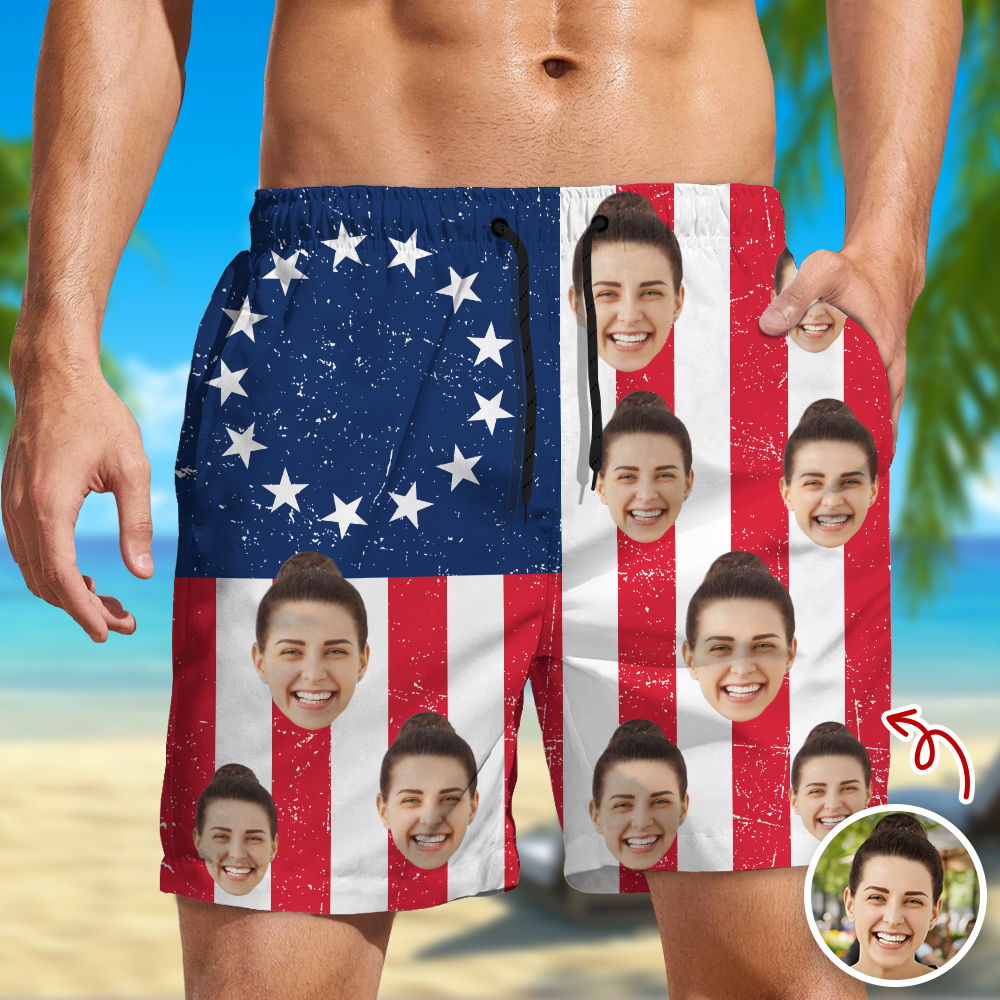 Custom Funny Face American Flag Beach Shorts - Personalized Summer Gift LM32 899873