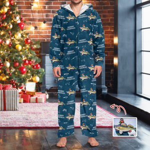 Custom Photo Merry Fishmas Onesie Pajamas Christmas Gift For Fishing Lovers, Fisherman HA75 898254