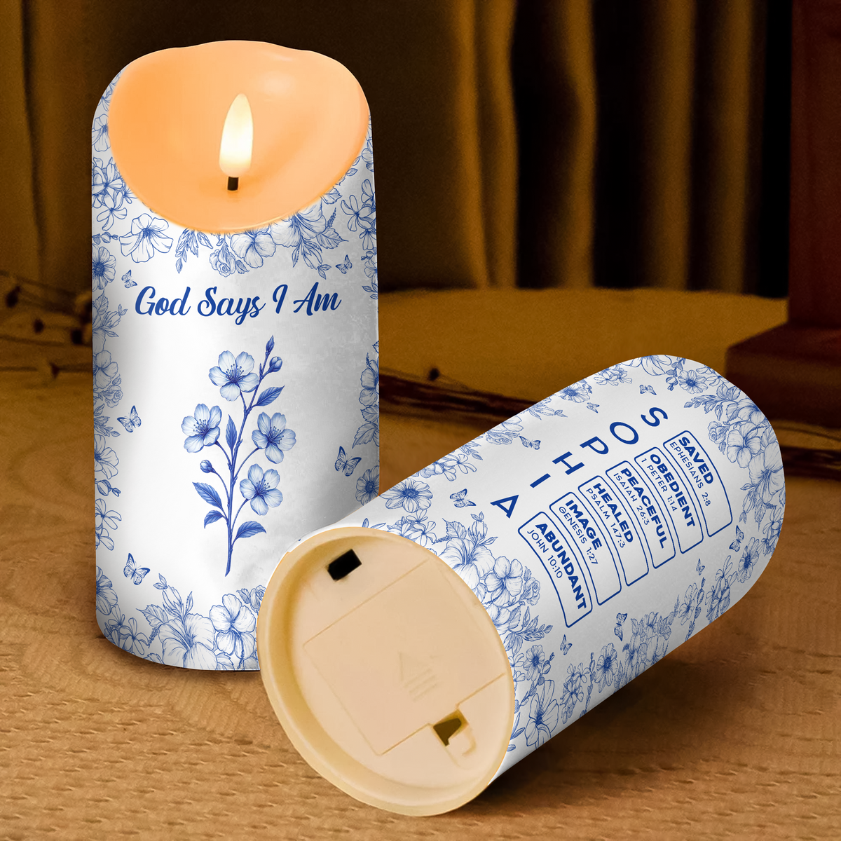 God Says I Am Name Letter In Bible Toile De Jouy Style - Personalized Led Candle CH07 896958