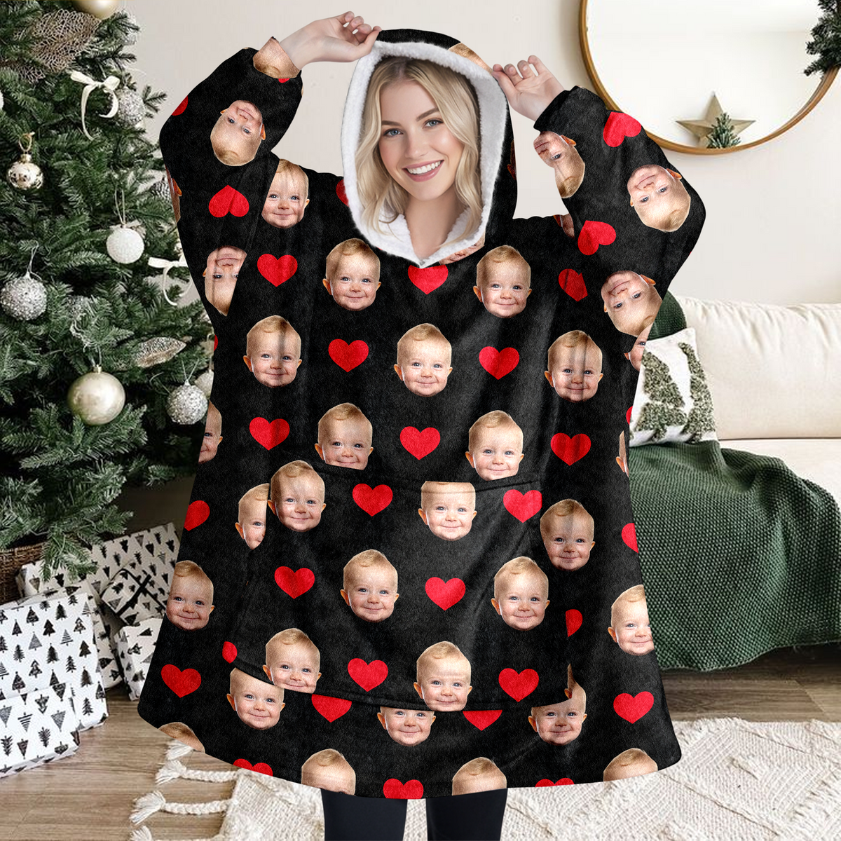 Custom Photo Face And Heart Icon Hoodie Blanket HA75 898286