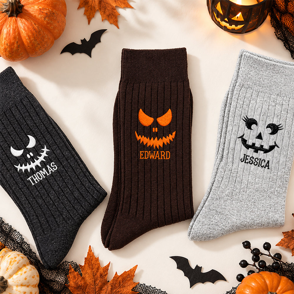 Personalized Name Scary Pumpkin Face Embroidered Socks, Personalized Halloween Gift HA75 919152