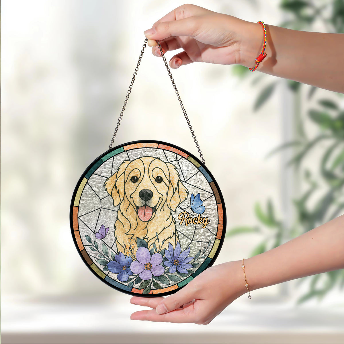 Custom Dog Photo With Sunflower Memorial Stained Glass Suncatcher, Pet Loss Gift HO82 894326