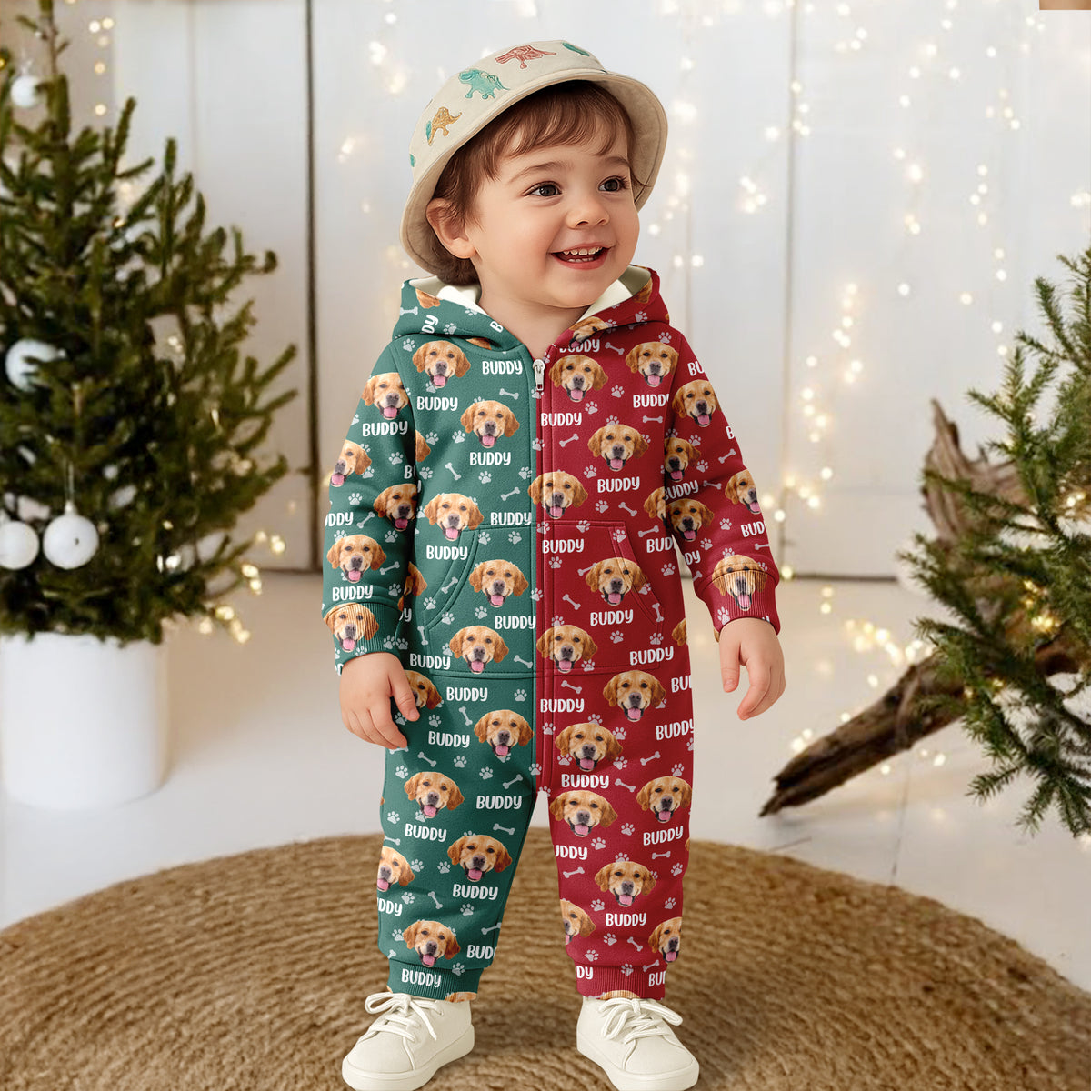 Custom Dog Face Photo Red Green Onesie Pajamas HO82 900382