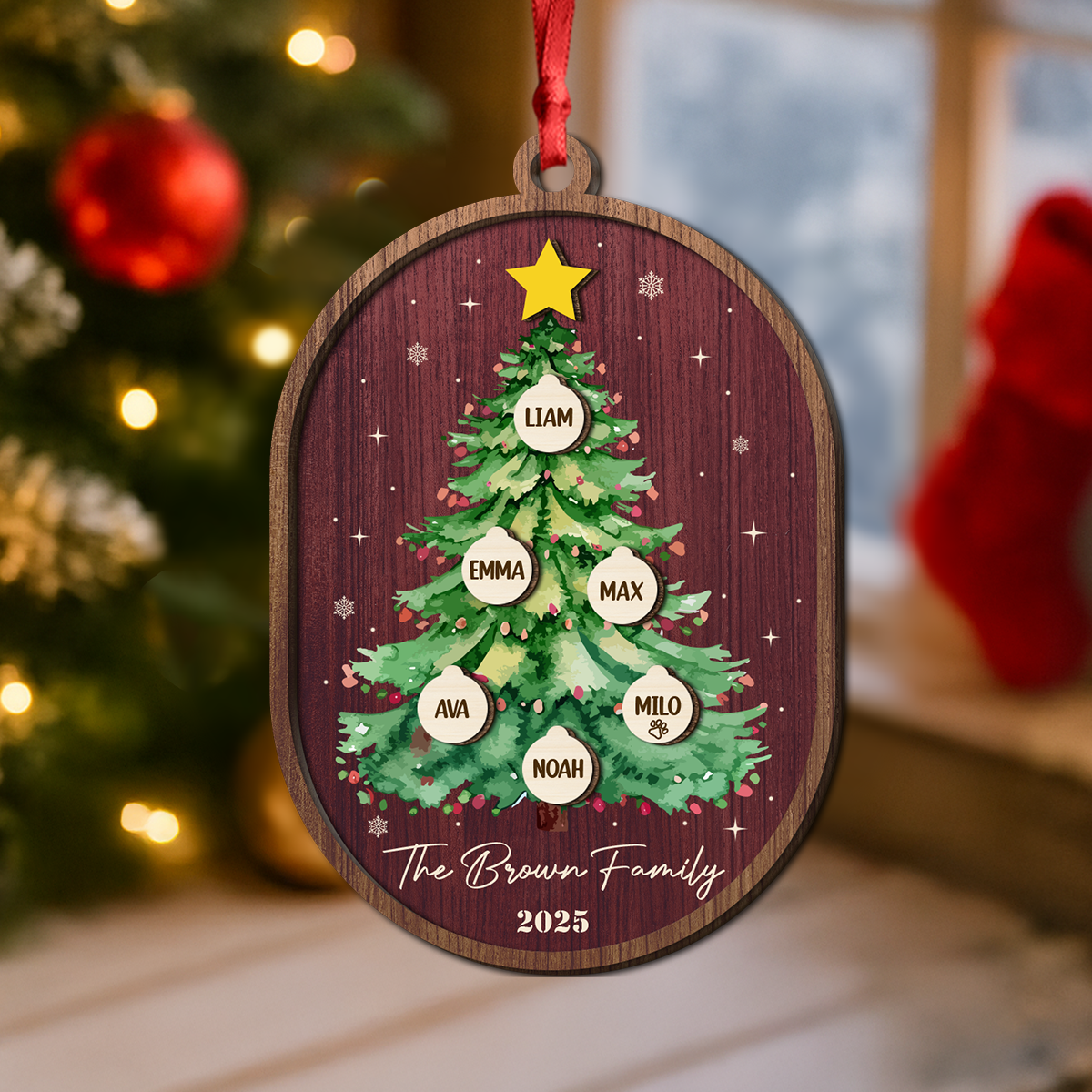 Custom Family Name Christmas Tree 2 Layers Wooden Ornament LM32 897345