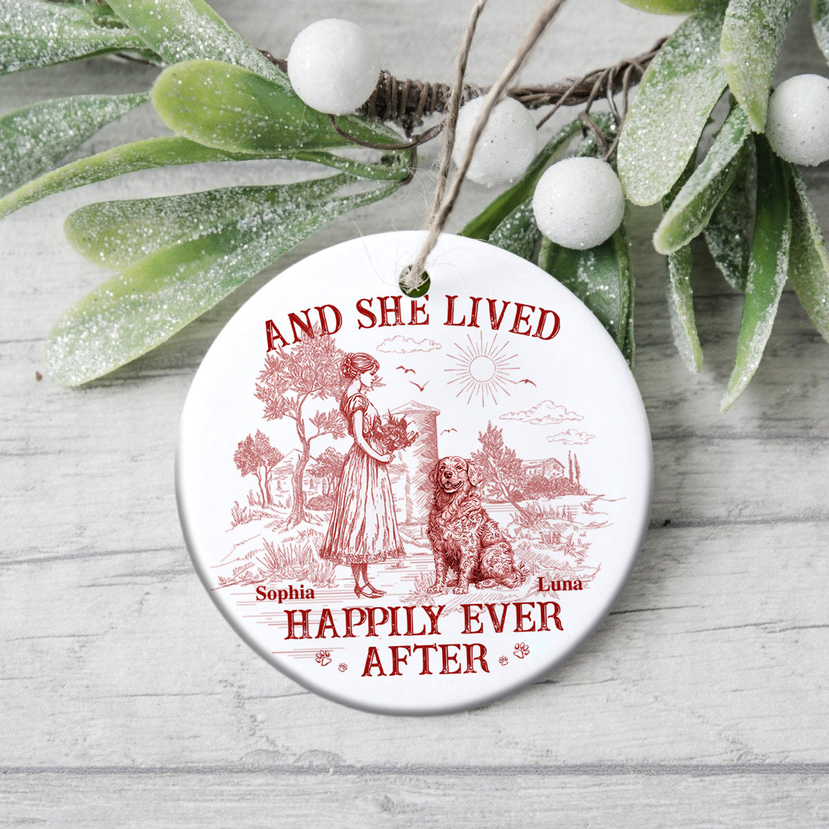 And She Lived Happily Ever After Dog Toile De Jouy Personalized Ceramic Ornament HO82 900162
