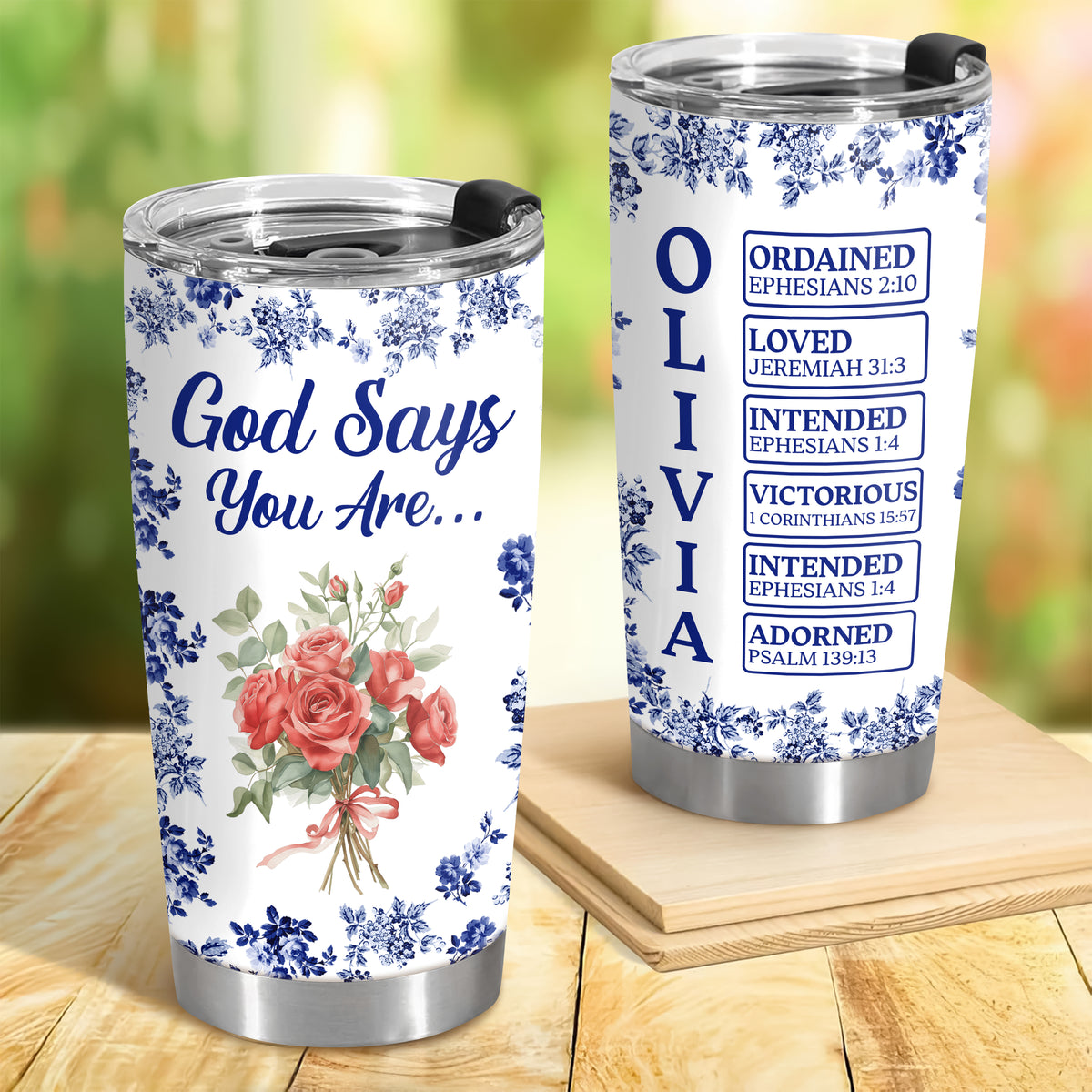 Personalized Name Letter God Says I Am Flower Toile De Jouy Style Fat Tumbler LM32 895361