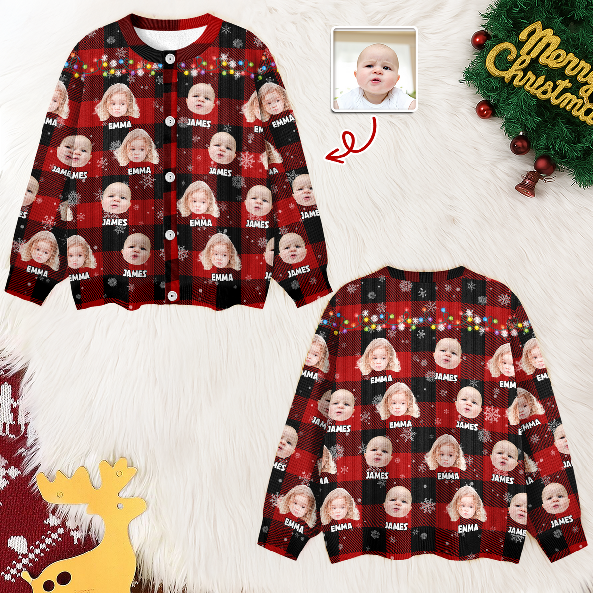 Custom Kids Photo Name Christmas Light Snow Cardigan CH07 896188