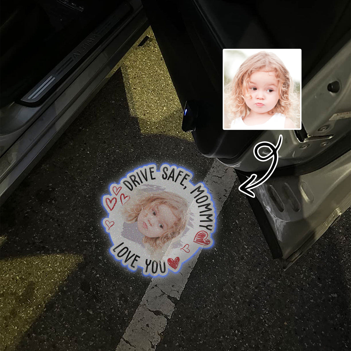 Drive Safe, Daddy Custom Fun Kid Faces Photo- Personalized Car Door Projector Light CH07 896432