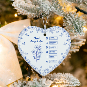 God Says I Am Name Letter In Bible Toile De Jouy Style - Personalized Heart Ceramic Ornament CH07 896966