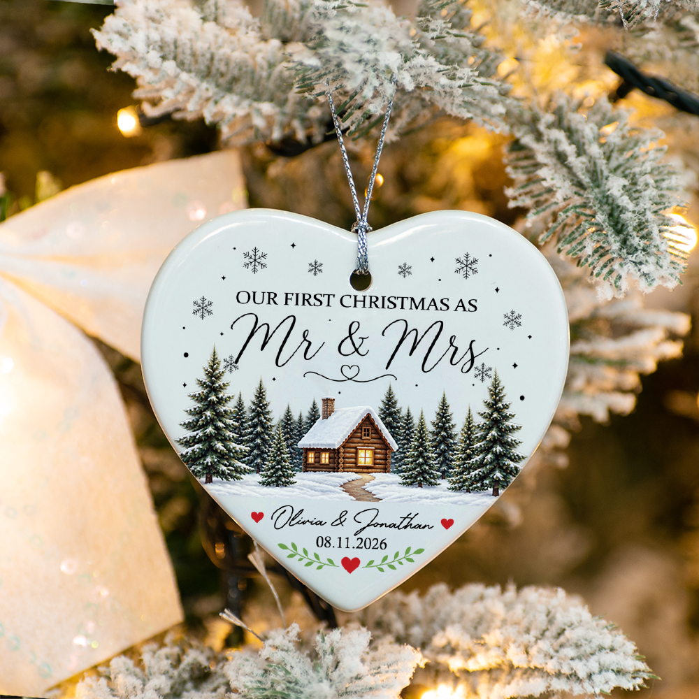 Custom Name Winter Cabin Our First Christmas As Mr & Mrs Married Ceramic Ornament, Newlywed Gift LM32 669871