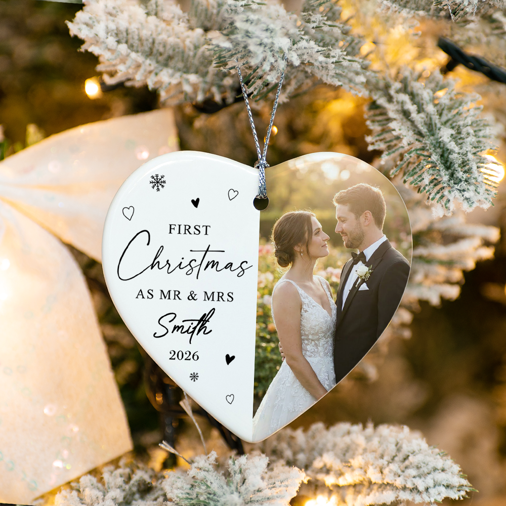 Custom Photo First Christmas as Mr & Mrs Heart shaped Ceramic Ornament Christmas Married Bauble Gift HO82 903424