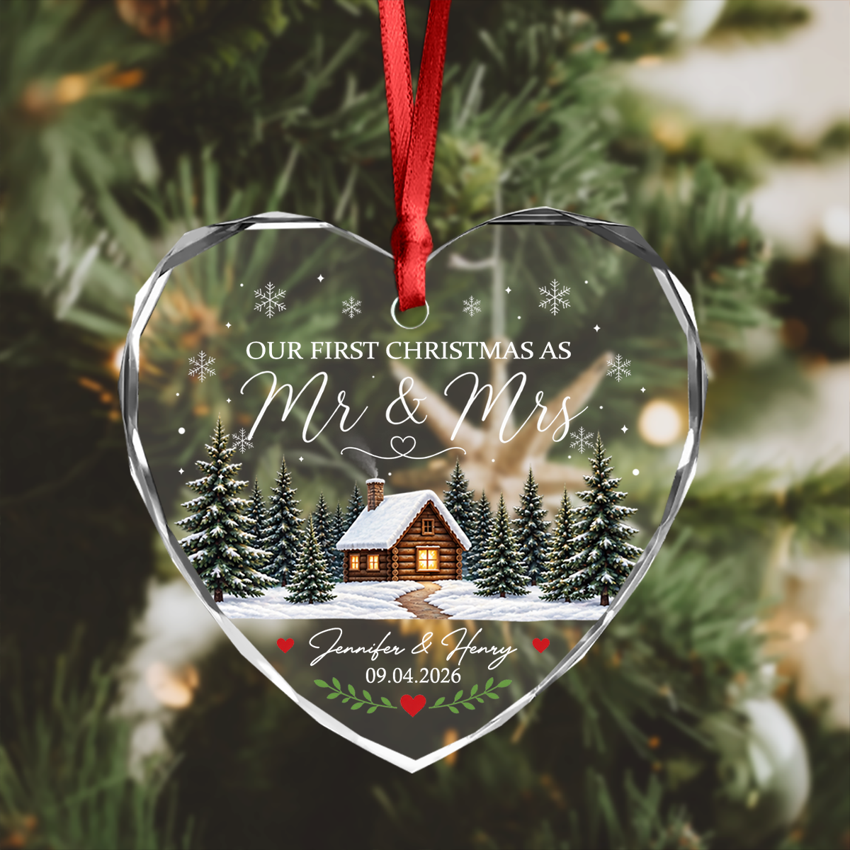 Custom Name Winter Cabin Our First Christmas As Mr & Mrs Married Glass Ornament, Newlywed Gift LM32 669965