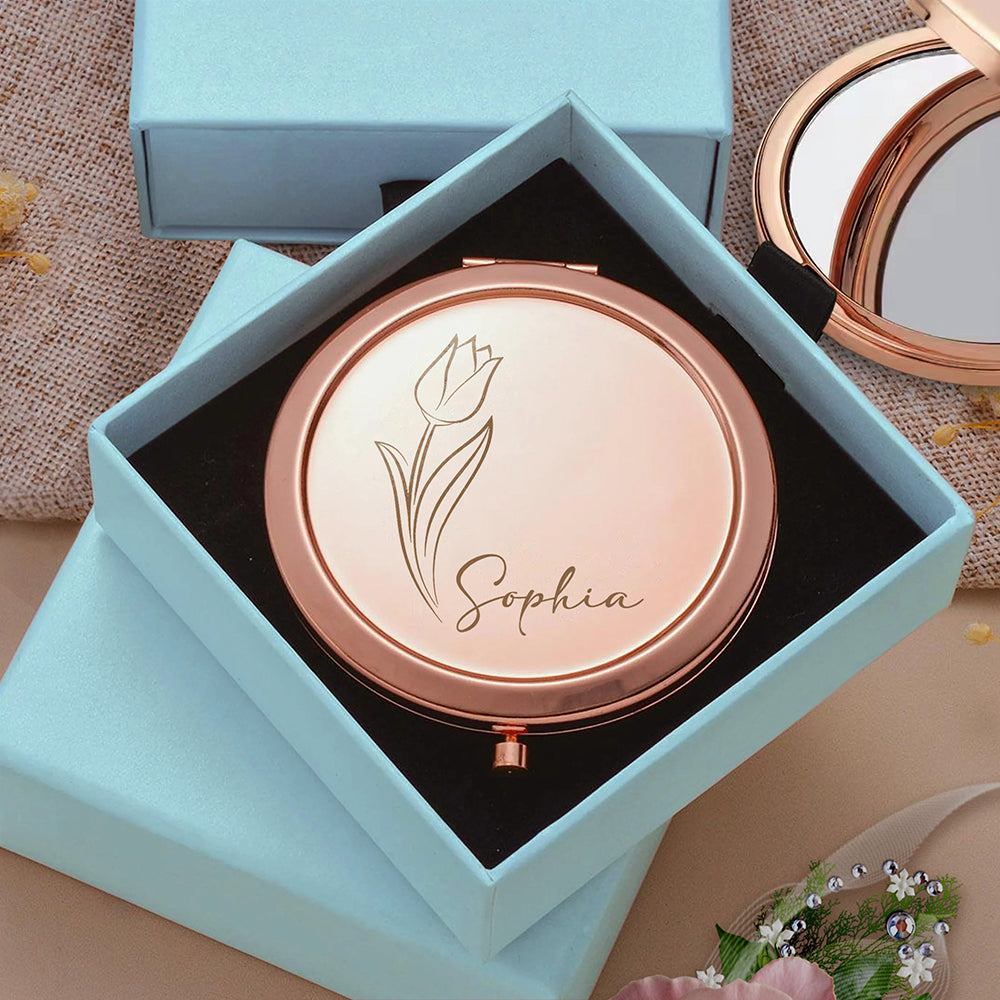 Custom Name Bridesmaids Flower Engraved Pocket Makeup Mirror LM32 893891