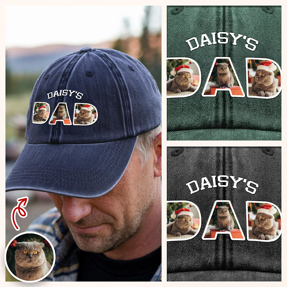 Upload Photo Dog, Cat & Dad - Dog, Cat's Dad Washed Denim Baseball Cap HA75 892948