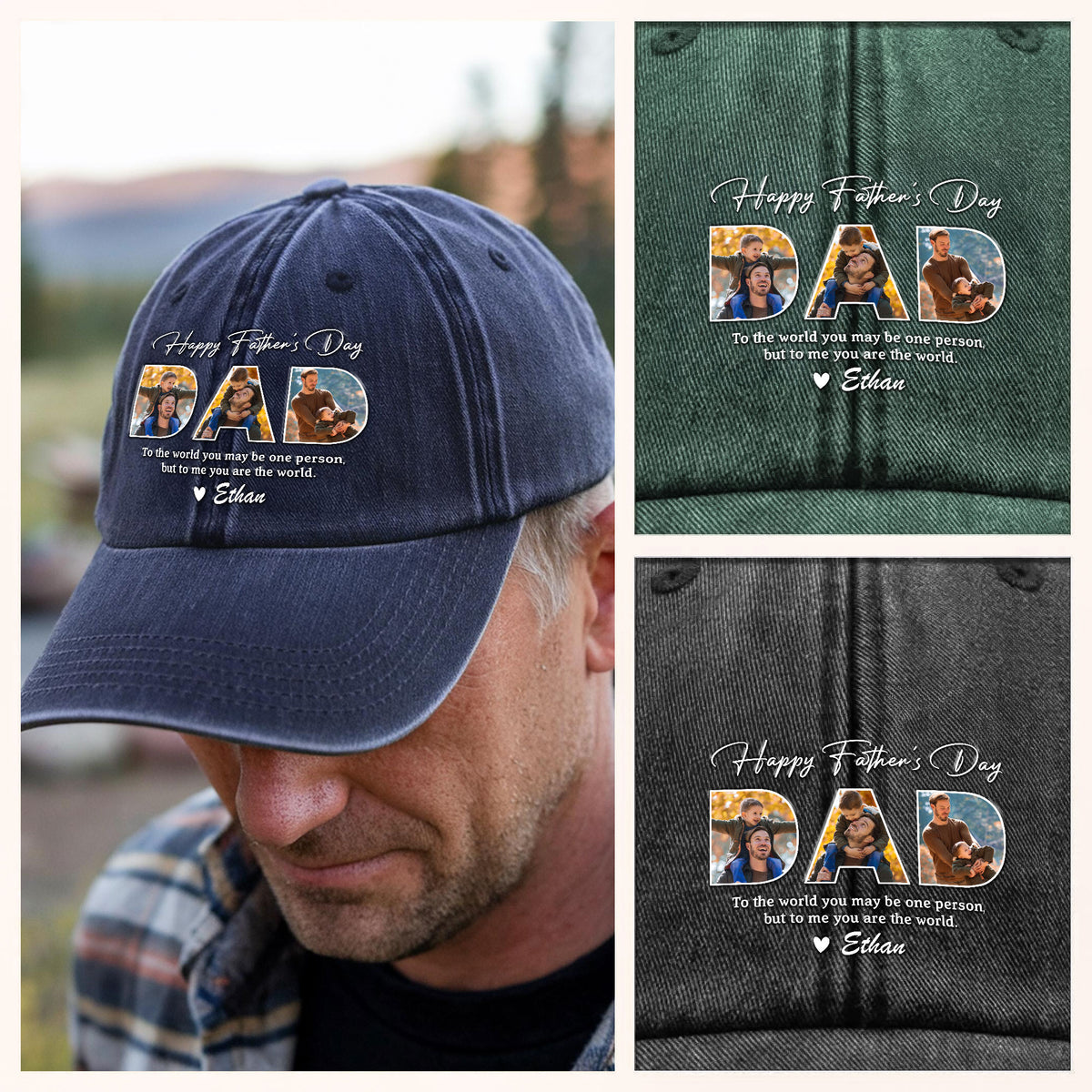 Custom Photo Happy Father's Day To Me You Are The World Washed Denim Baseball Cap Gift For Dad HO82 893944