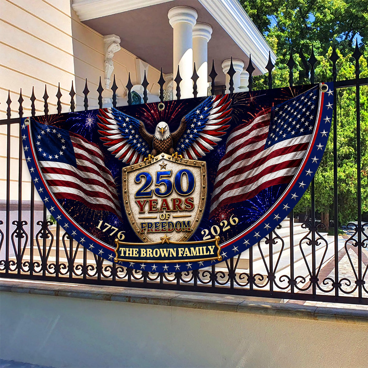 Custom Family Name 250th Birthday Party Patriotic Shield Eagle Non-Pleated Fan Flag CH07 911692