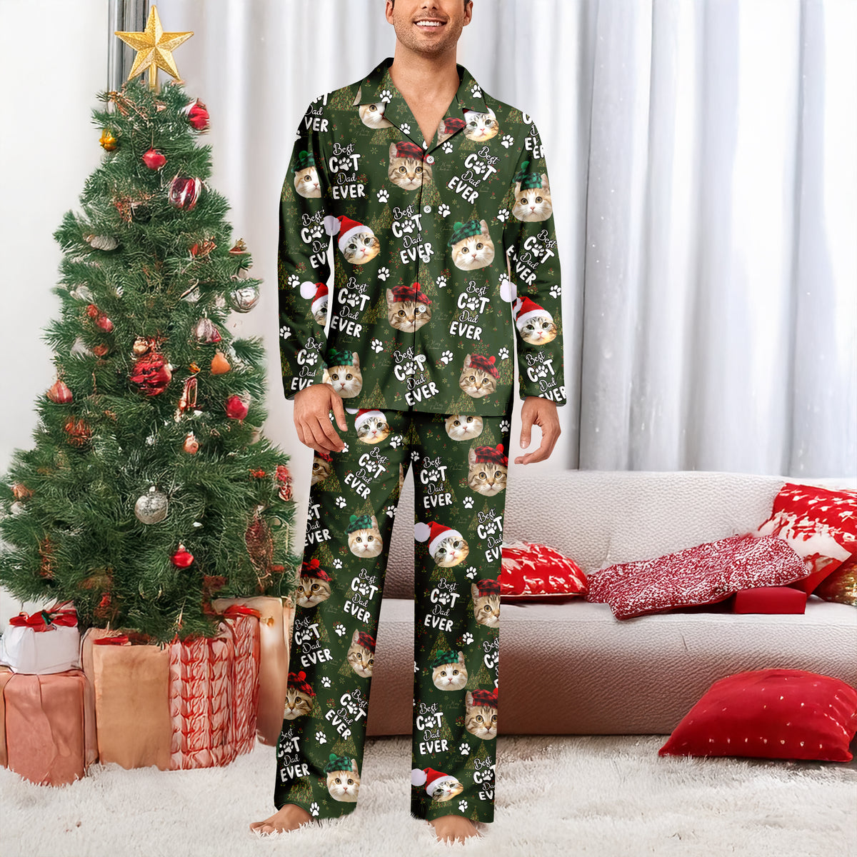 Custom Cat Face Cute Best Cat Dad Ever Christmas Pajamas LM32 895751