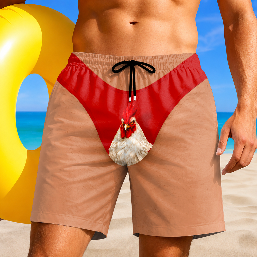 Personalized Funny Rooster Underwear Illusion Beach Shorts - Novelty Gift for Men CH07 180148
