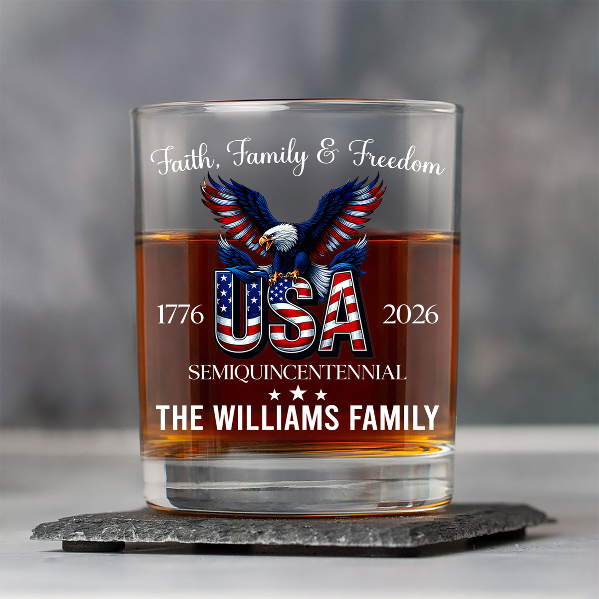 Custom Name Faith, Family & Freedom 250 Years of America Patriotic Whiskey Glass LM32 897719