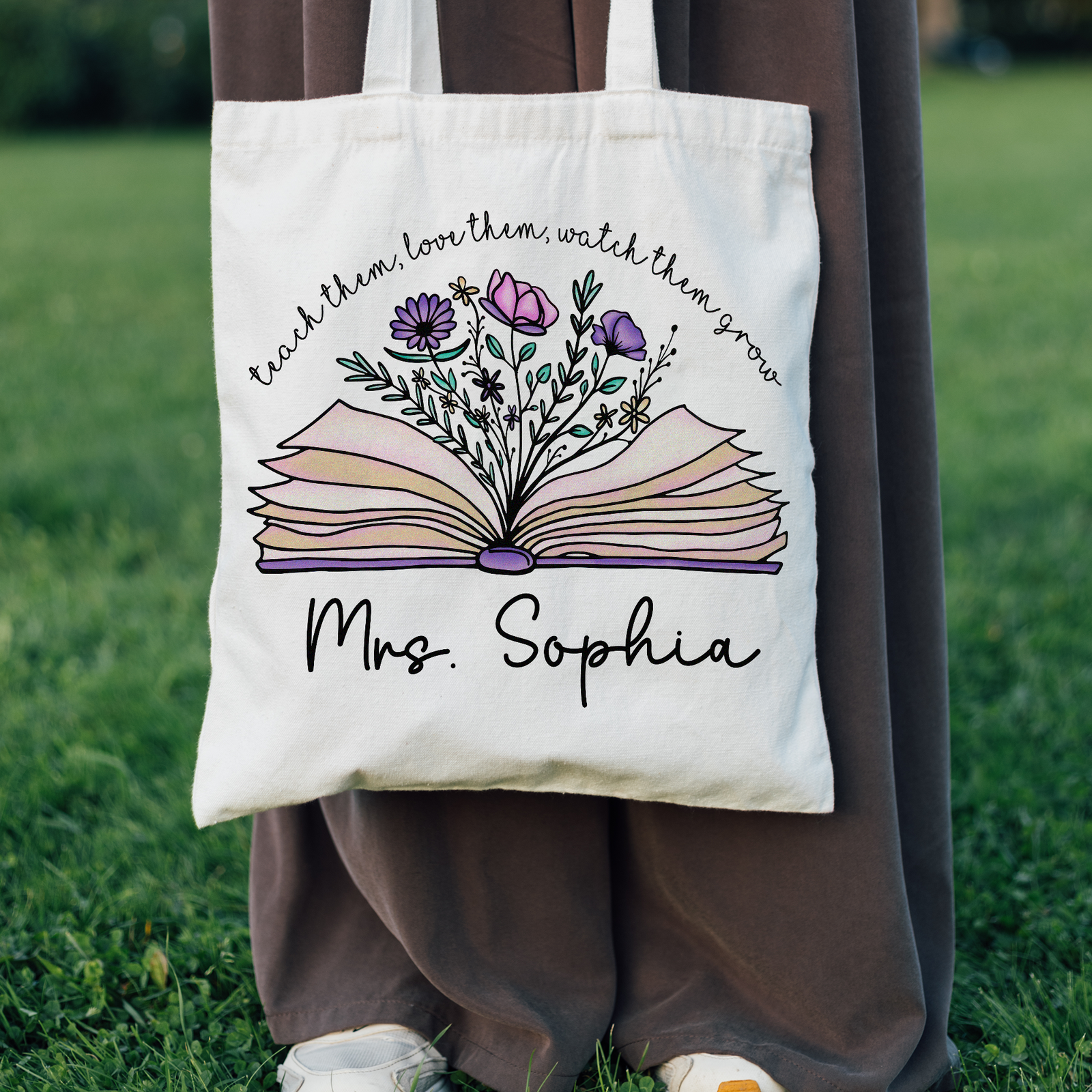 Personalized Name Teacher Appreciation With Flower and Book Tote Bag Gift For Teacher LM32 893739