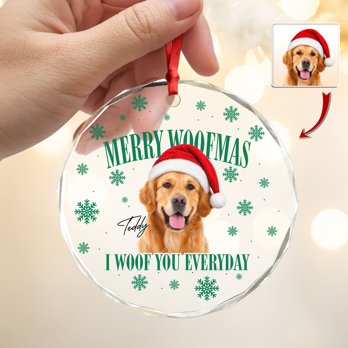 Custom Dog Photo Merry Woofmas Glass Ornament - Gift For Christmas, Dog Lovers Gift HO82 903312