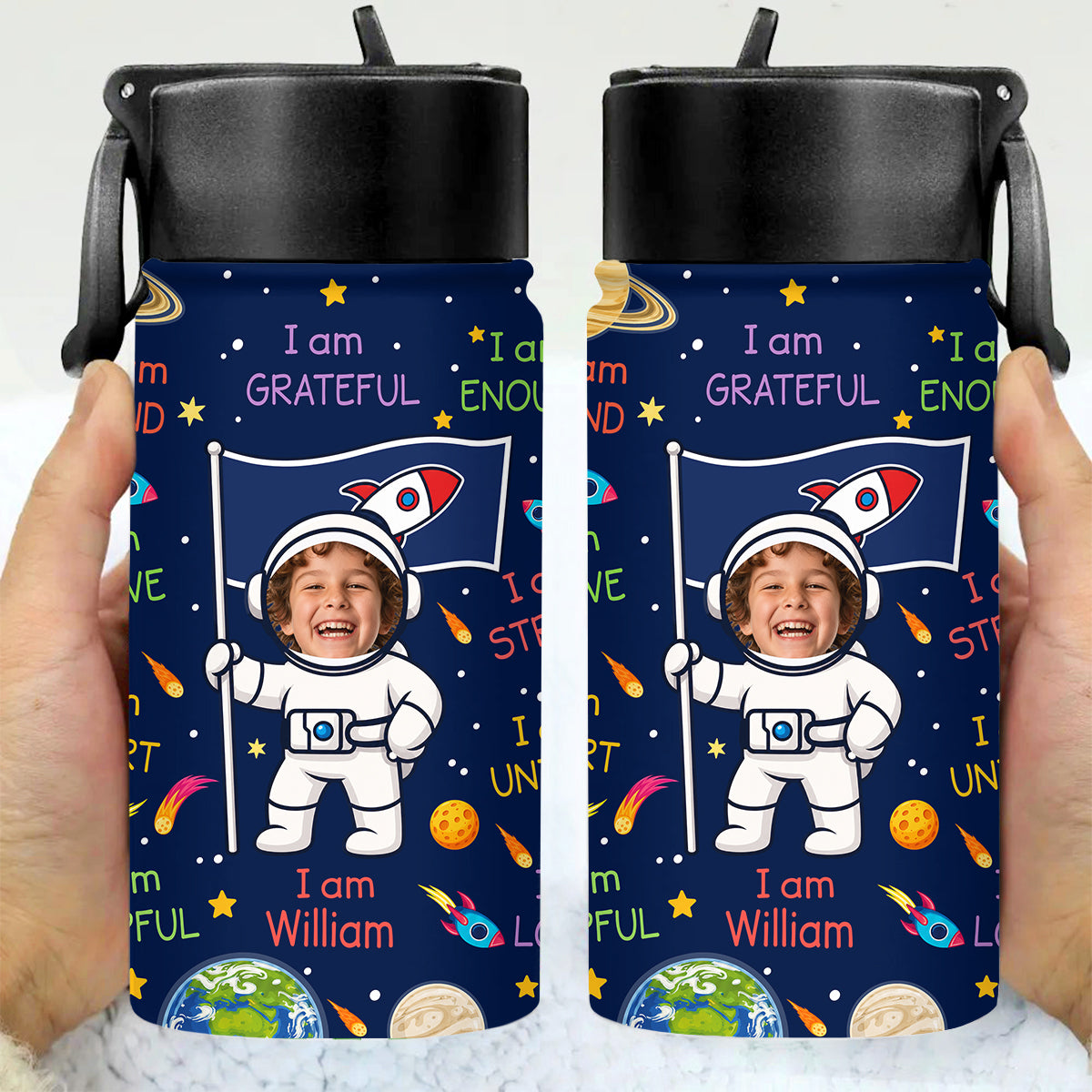 Personalised Photo Cute Astronaut Galaxy Kid Water Bottle with Positive Affirmations Phrase, Back To School Gift for Kids HO82 902976