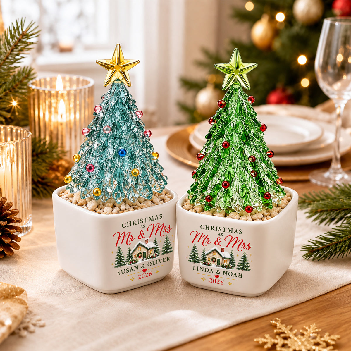 Personalized Name Couple Mini Ceramic Pot with Glass Christmas Tree HO82 903520