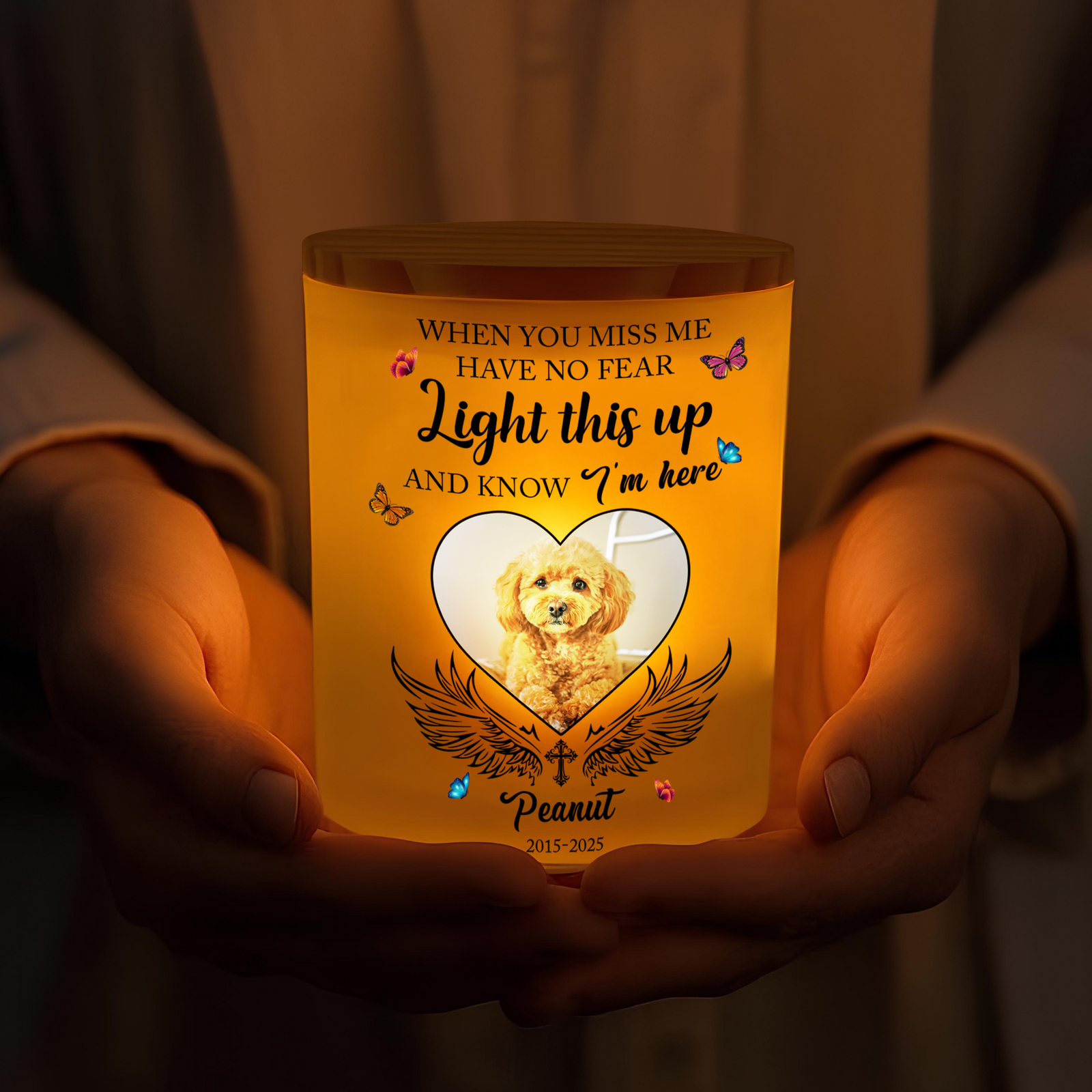 Custom Photo Love Never Leaves, It Lights Up Forever - Memorial Personalized Glass Jar With LED Candle CH07 895814