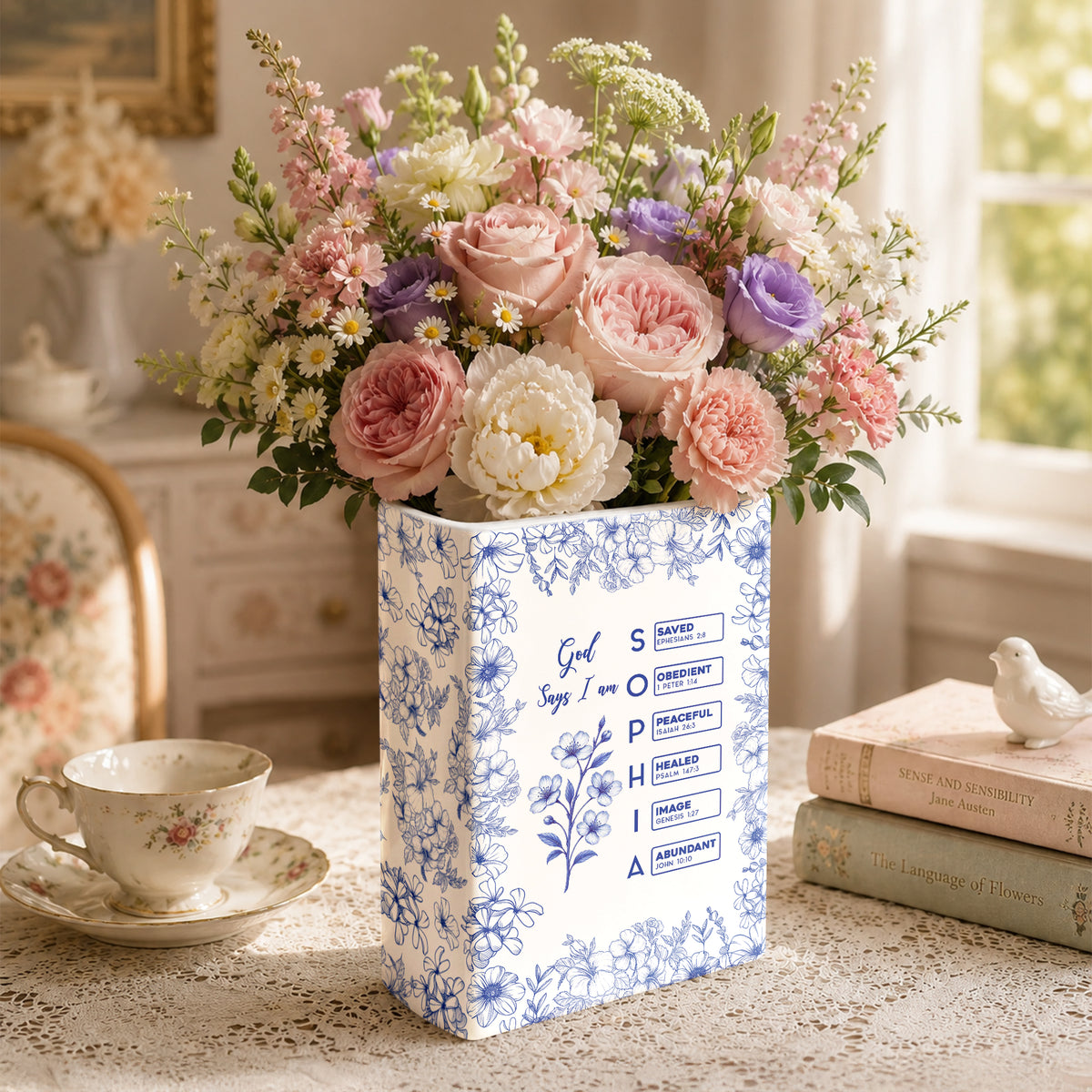 God Says I Am Name Letter In Bible Toile De Jouy Style - Personalized Book Vase TH10 170659