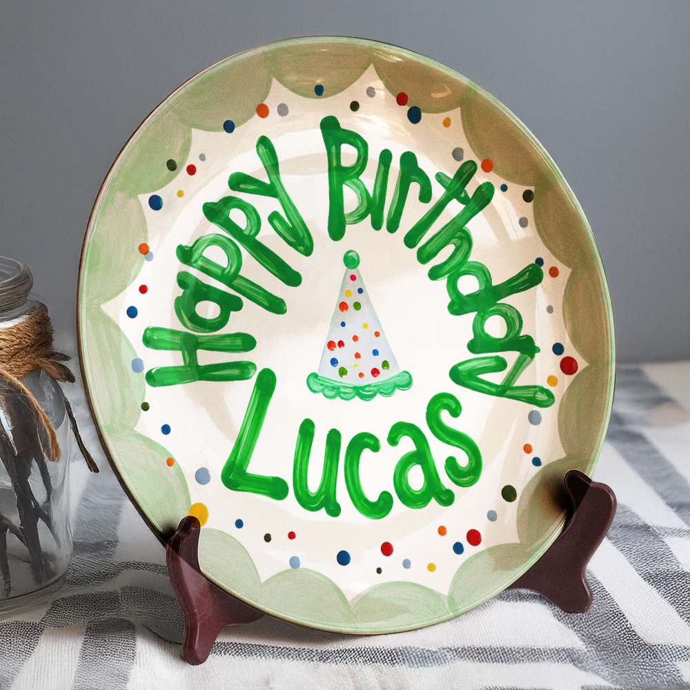 Custom Name Birthday Party Hat & Confetti Ceramic Plate – Personalized Birthday Gift LM32 669409