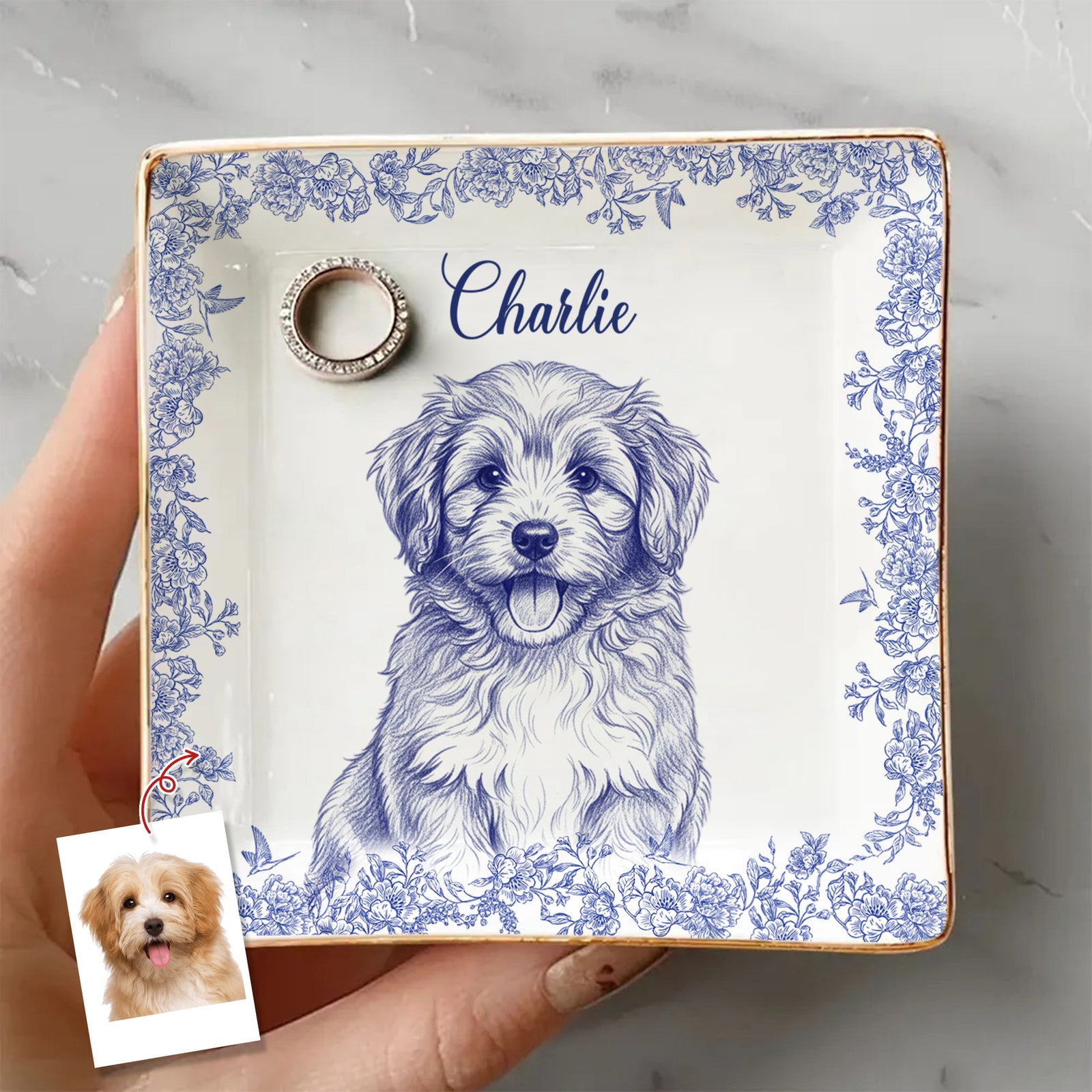 Custom Photo Dog Cat Toile De Jouy Style Jewelry Dish HA75 898320