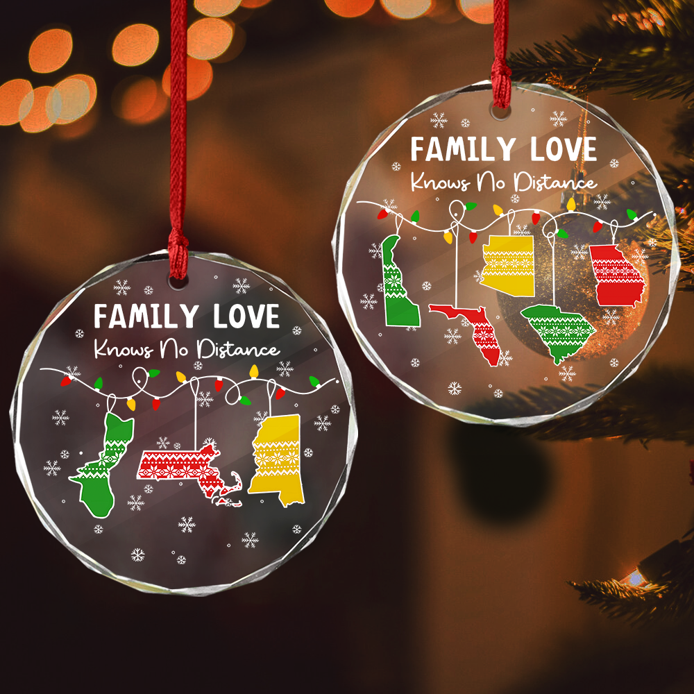 Family Love Knows No Distance Glass Circle Ornament Personalized Gift For Family HO82 894510