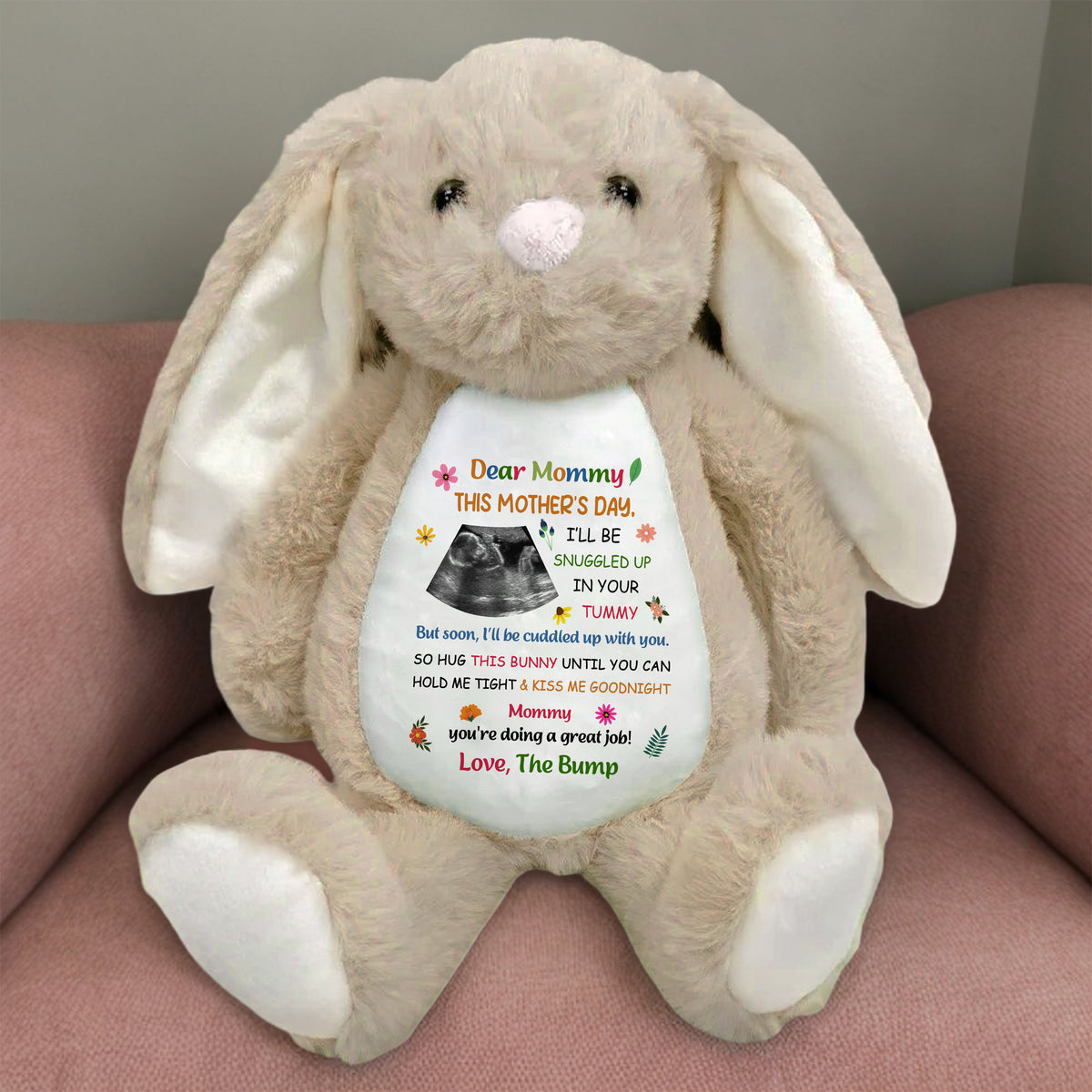 Custom Baby Bump Photo - Personalized This Mother's Day I'll Be Snuggled Up In Your Tummy Bunny Plush CH07 895308