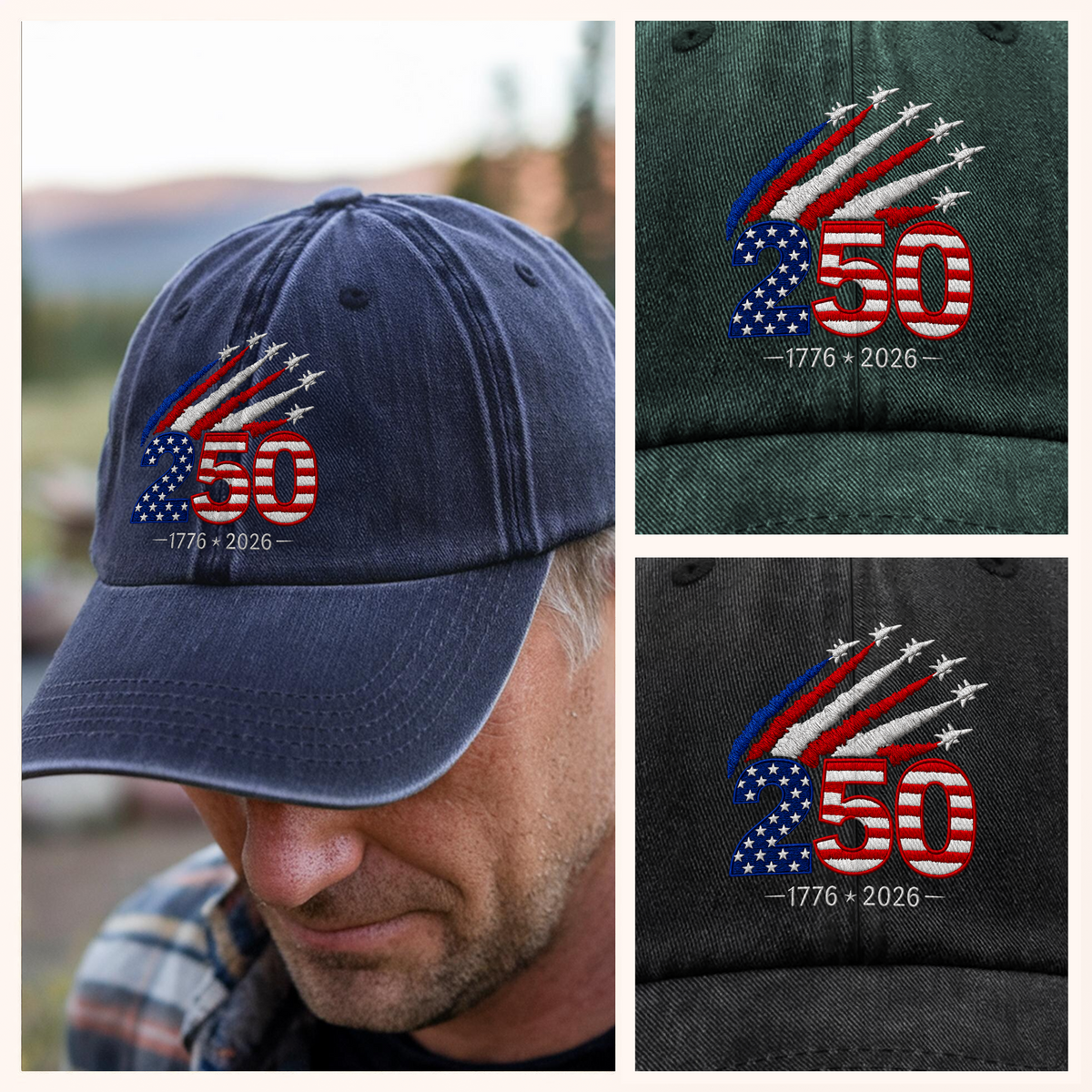 1776–2026 250 Years America Anniversary Embroidered Effect Washed Denim Baseball Cap LM32 668919