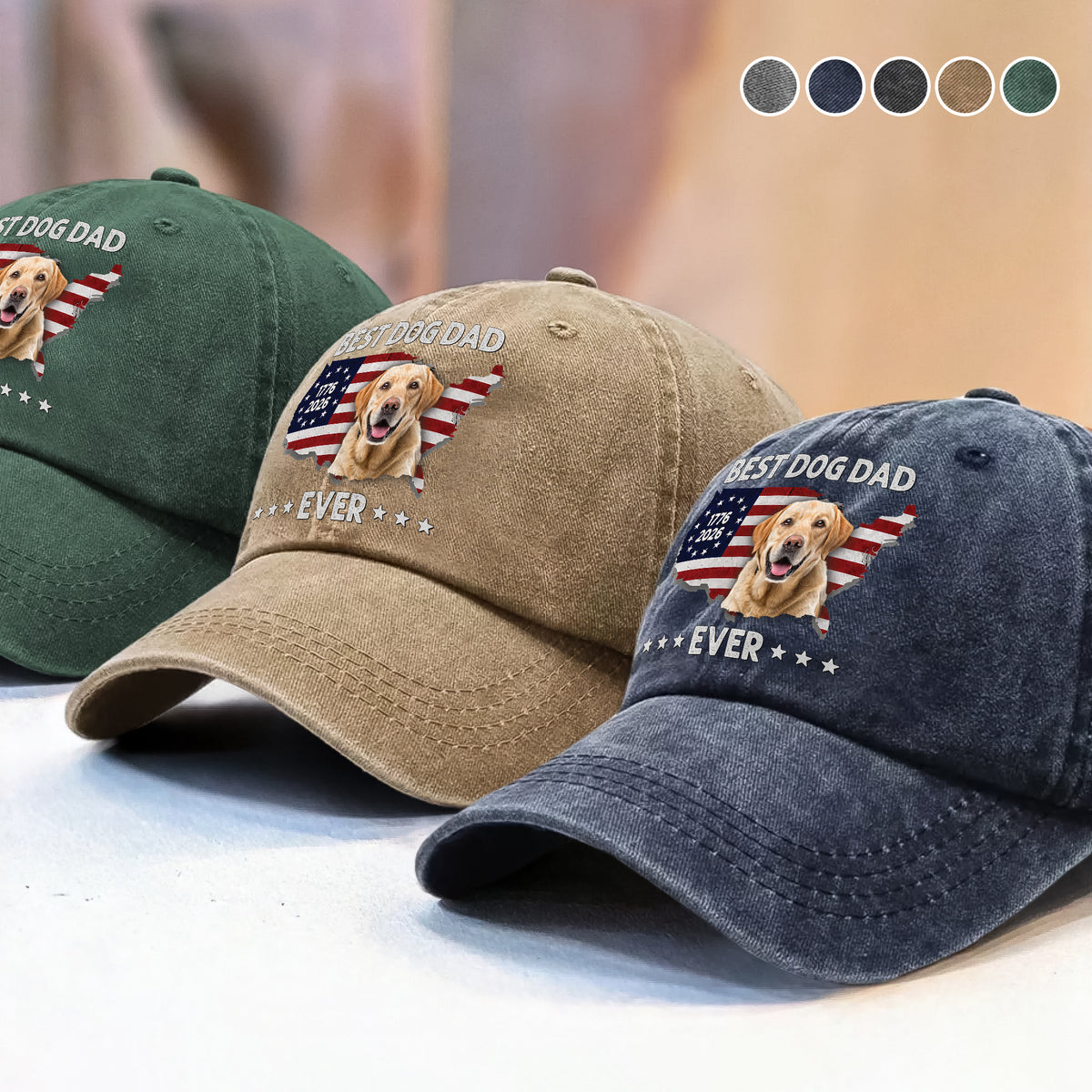 Custom Photo Best Dog Dad Ever US Flag 1776 - 2026 Washed Denim Baseball Cap HA75 921356