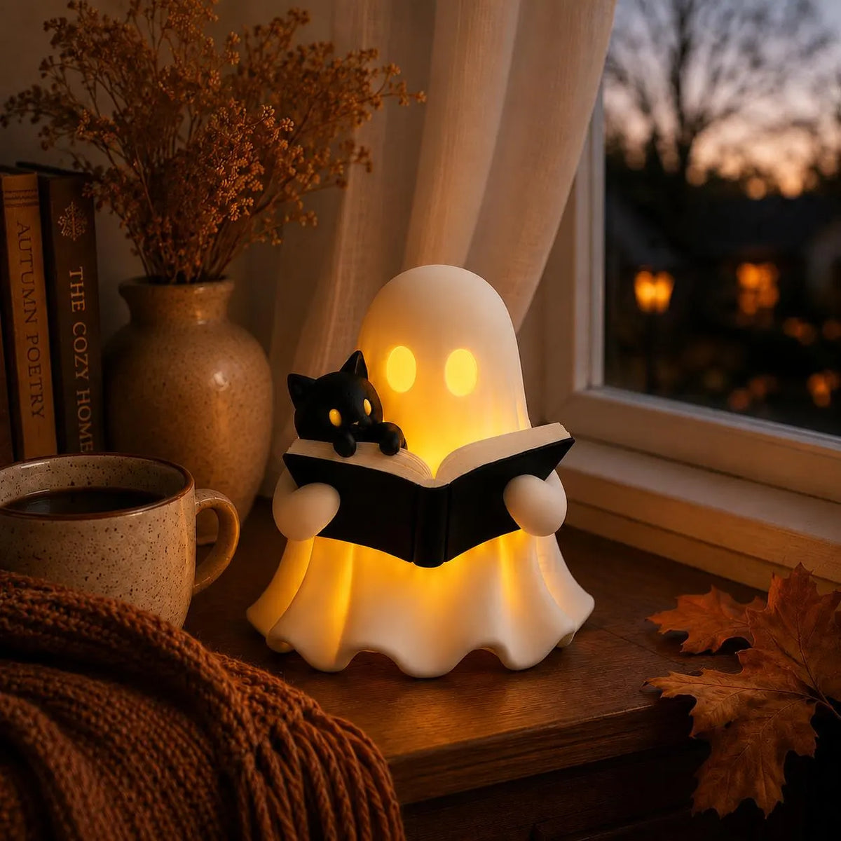3D Printed Ghost Reading Book Figurine – Cozy Cat, LED Tealight Decor
