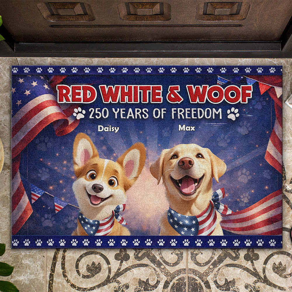 Personalized Cute Dog Red White Woof 250 Years Of Freedom Doormat TH10 169055