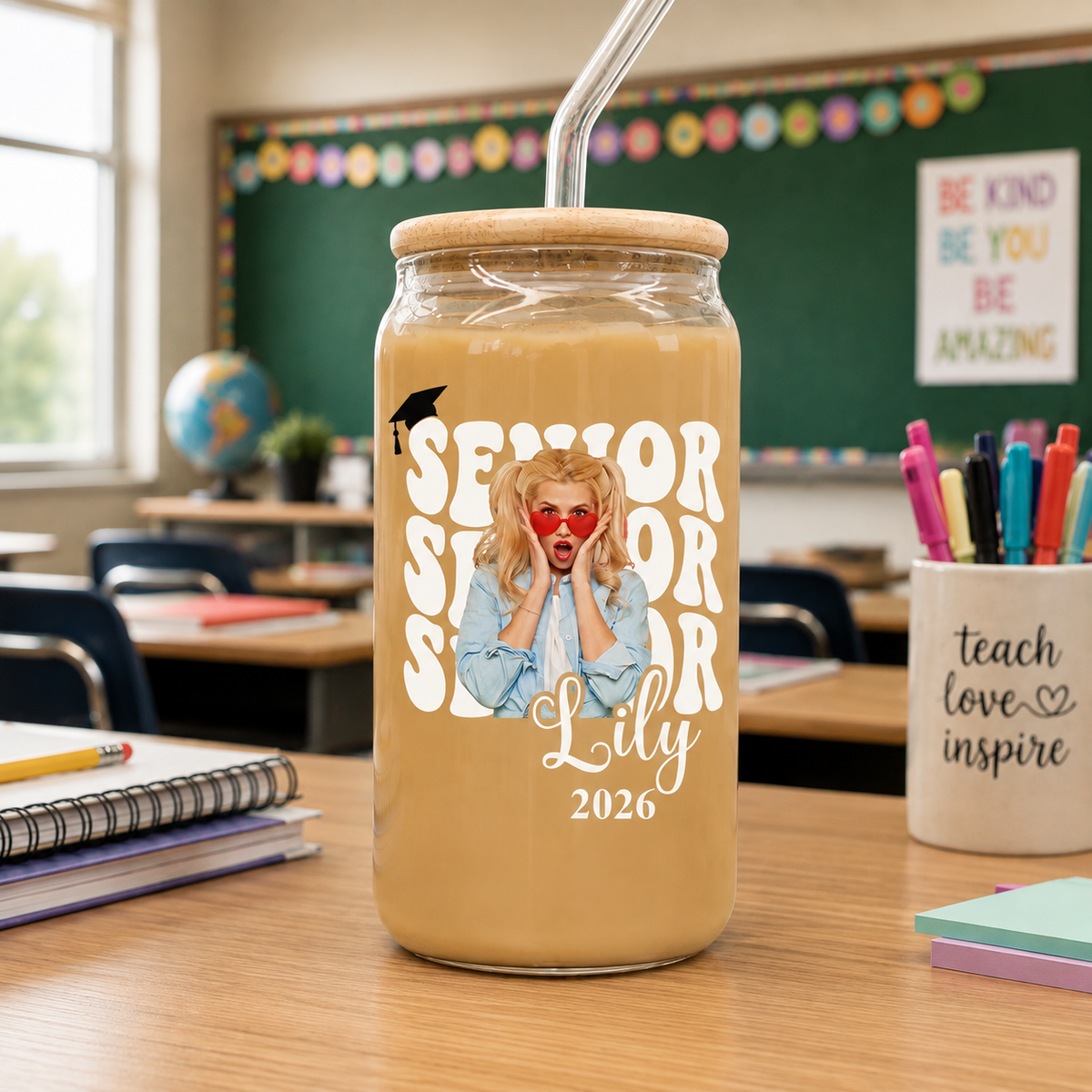 Custom Photo Senior 2027 Glass Can With Lid Back to School Gift for Senior HA75 921974