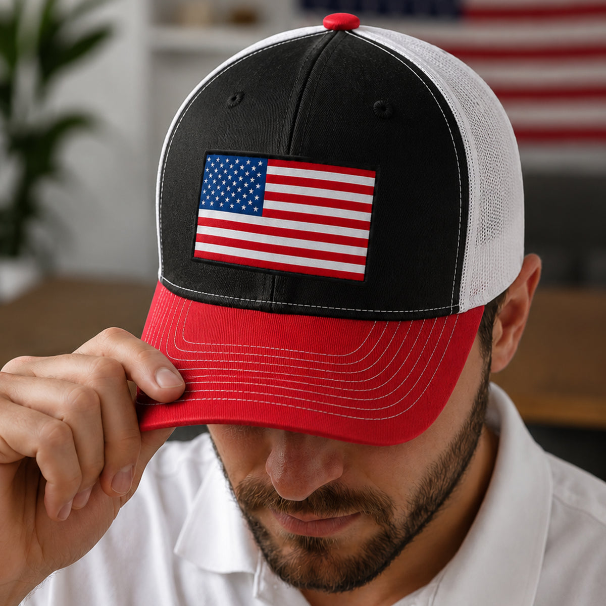 Patriotic American Flag Embroidered Trucker Hat HO82 902880