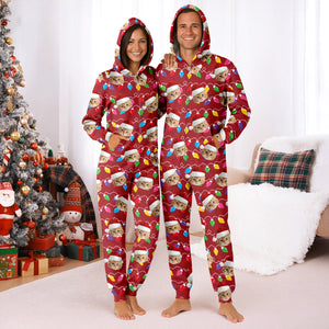 Custom Cat Face Photo With Colorful Christmas Lights Onesie Pajamas HO82 900202
