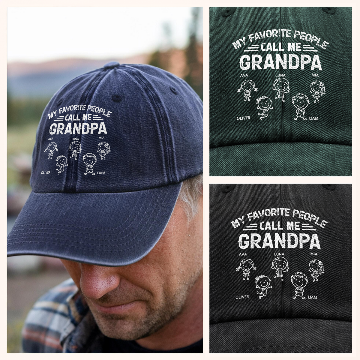 My Favorite People Call Me Papa Kid Stick Figures - Personalized Vintage Washed Denim Cap HO82 900418