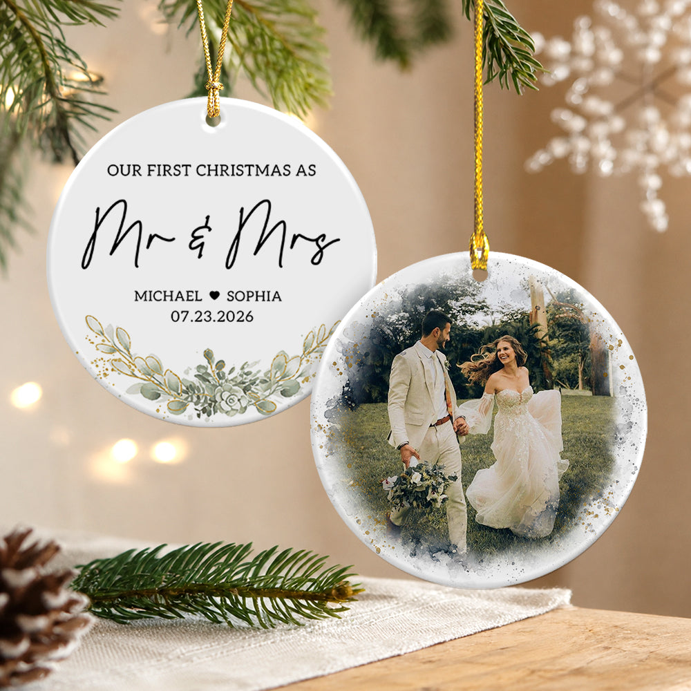 Custom Photo First Christmas As Mr & Mrs Ceramic Ornament, Personalized Wedding Anniversary Gift LM32 669795
