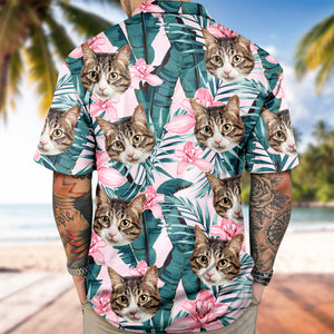 Custom Photo Funny Face Cat Family Vacation Tropical Pattern Hawaii Shirt HA75 892310