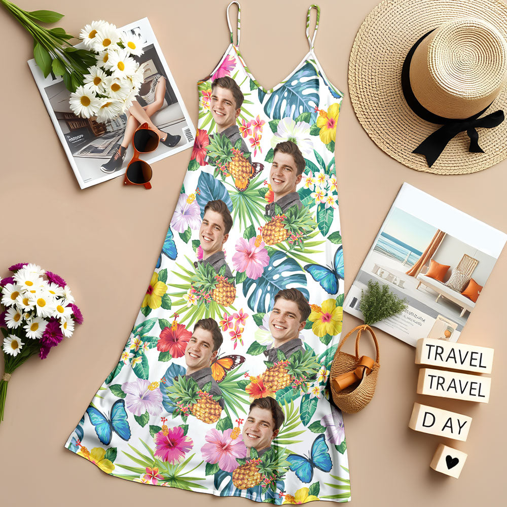 Custom Human Photo Tropical Women's V-Neck Cami Maxi Dress HO82 893608