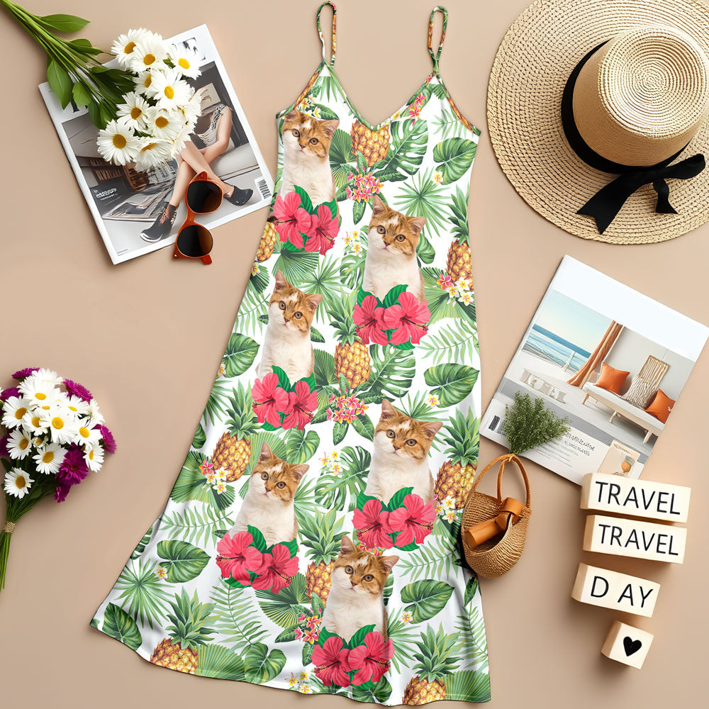 Custom Cat Photo Tropical Women's V-Neck Cami Maxi Dress HO82 893606