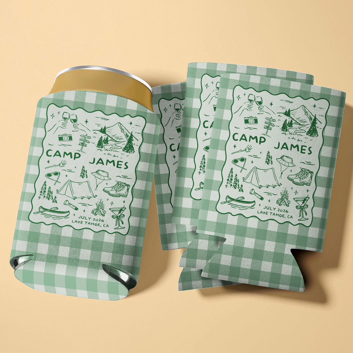Custom Name Camp Bachelorette Can Cooler - Personalized Camping Party Favor HO82 902982
