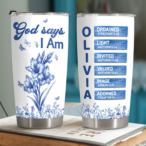 Custom Name Letter And Flower Toile De Jouy Style God Says I Am Fat Tumbler LM32 895357