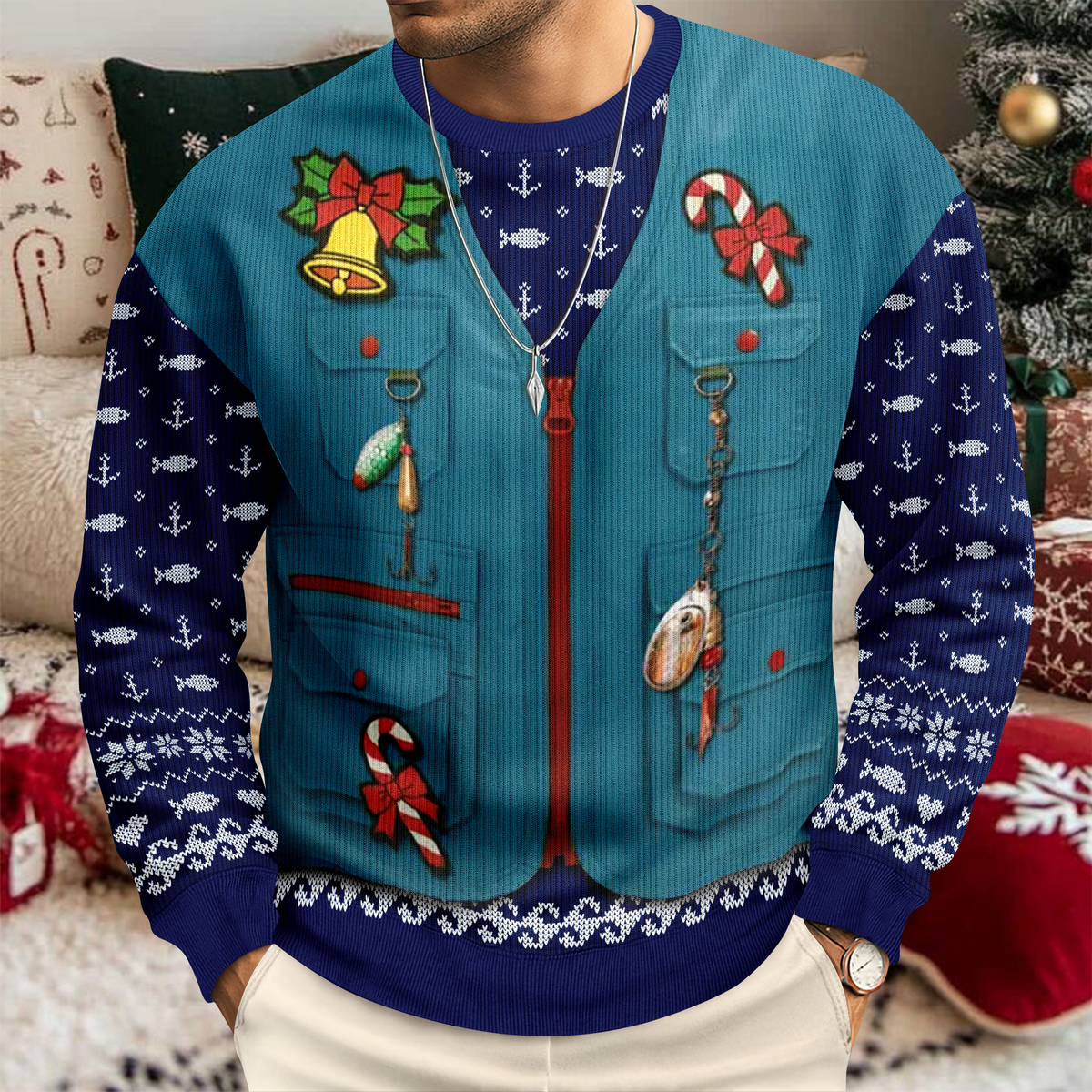 Custom Photo Merry Fishmas AOP Ugly Sweater For Fishing Lovers LM32 897175